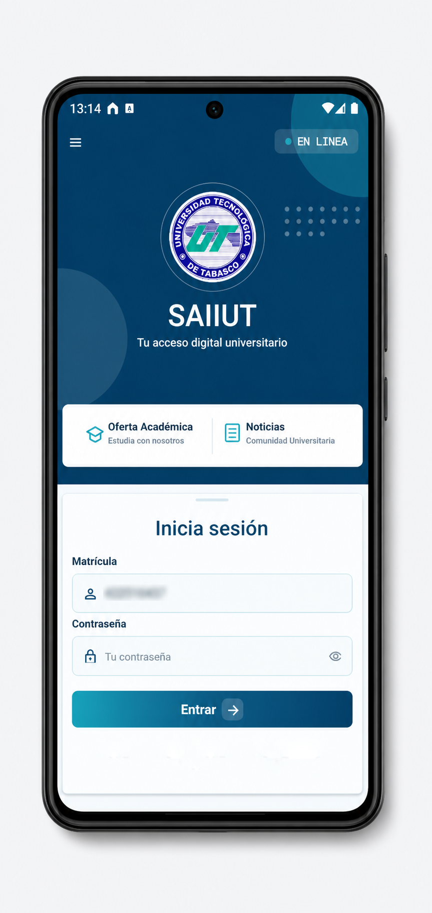 Pantalla de inicio de sesión de la App UTTAB con la matrícula protegida